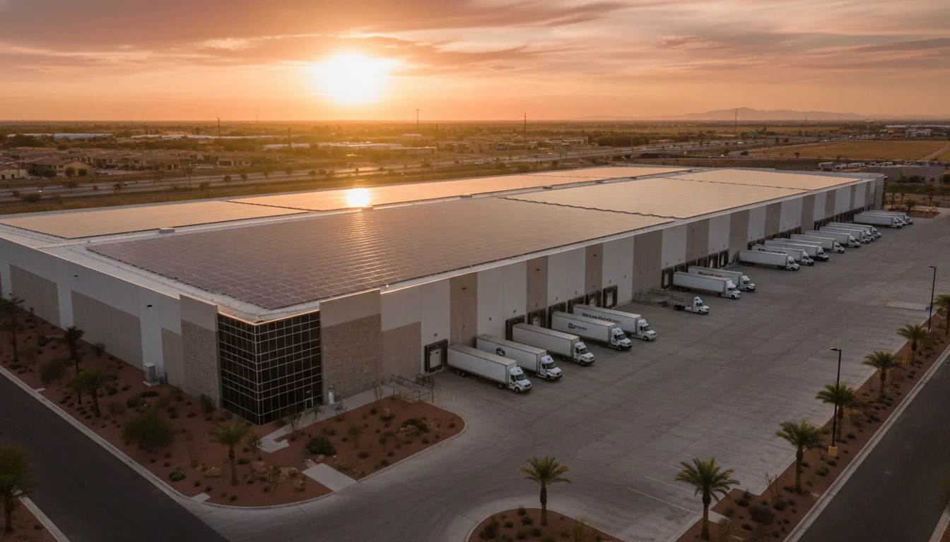 A cinematic, wide-angle photo of a modern industrial distribution center in the Sun Belt region, featuring solar panels on the roof and a fleet of white logistics trucks at loading docks, warm late-afternoon sunlight, symbolizing the shift in commercial real estate capital to the Southeast.