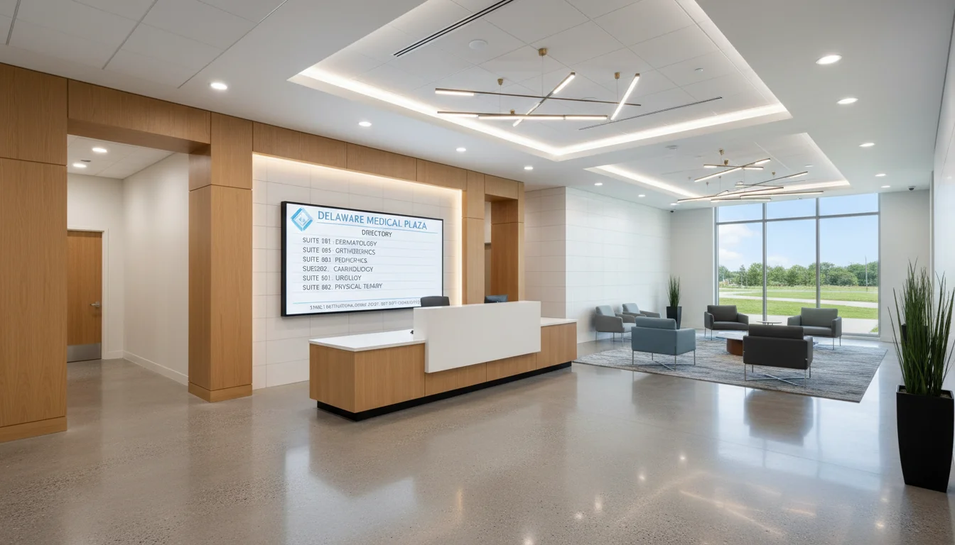 A clean, professional interior shot of a modern medical office building lobby with sleek architectural lines, high-end finishes, and a digital directory, representing a stable institutional-grade asset suitable for a Delaware Statutory Trust (DST) 1031 exchange.
