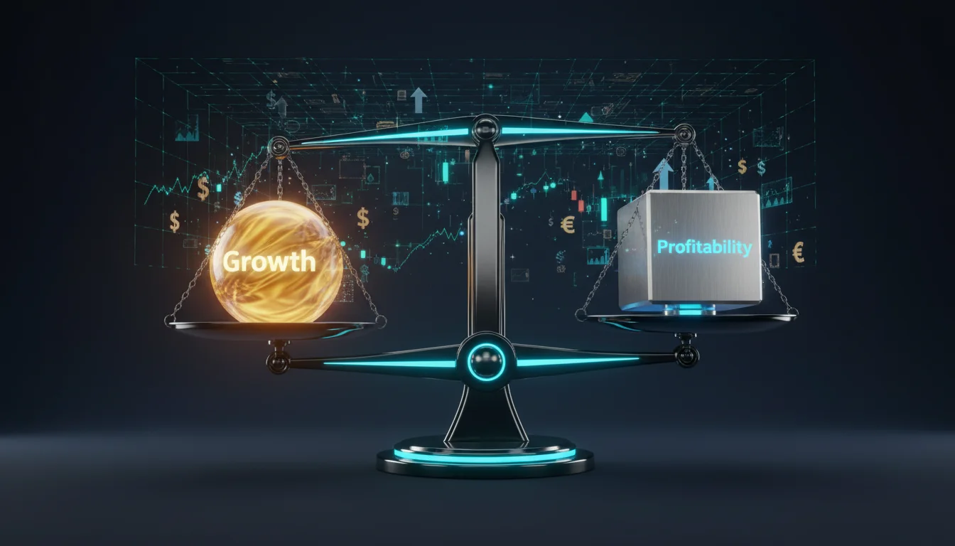 A conceptual, high-tech 3D illustration of a balancing scale on a dark background. On one side, a glowing golden 'Growth' sphere; on the other, a silver 'Profitability' cube. Digital grid lines and floating financial symbols create a sense of equilibrium, sleek corporate 8k style.