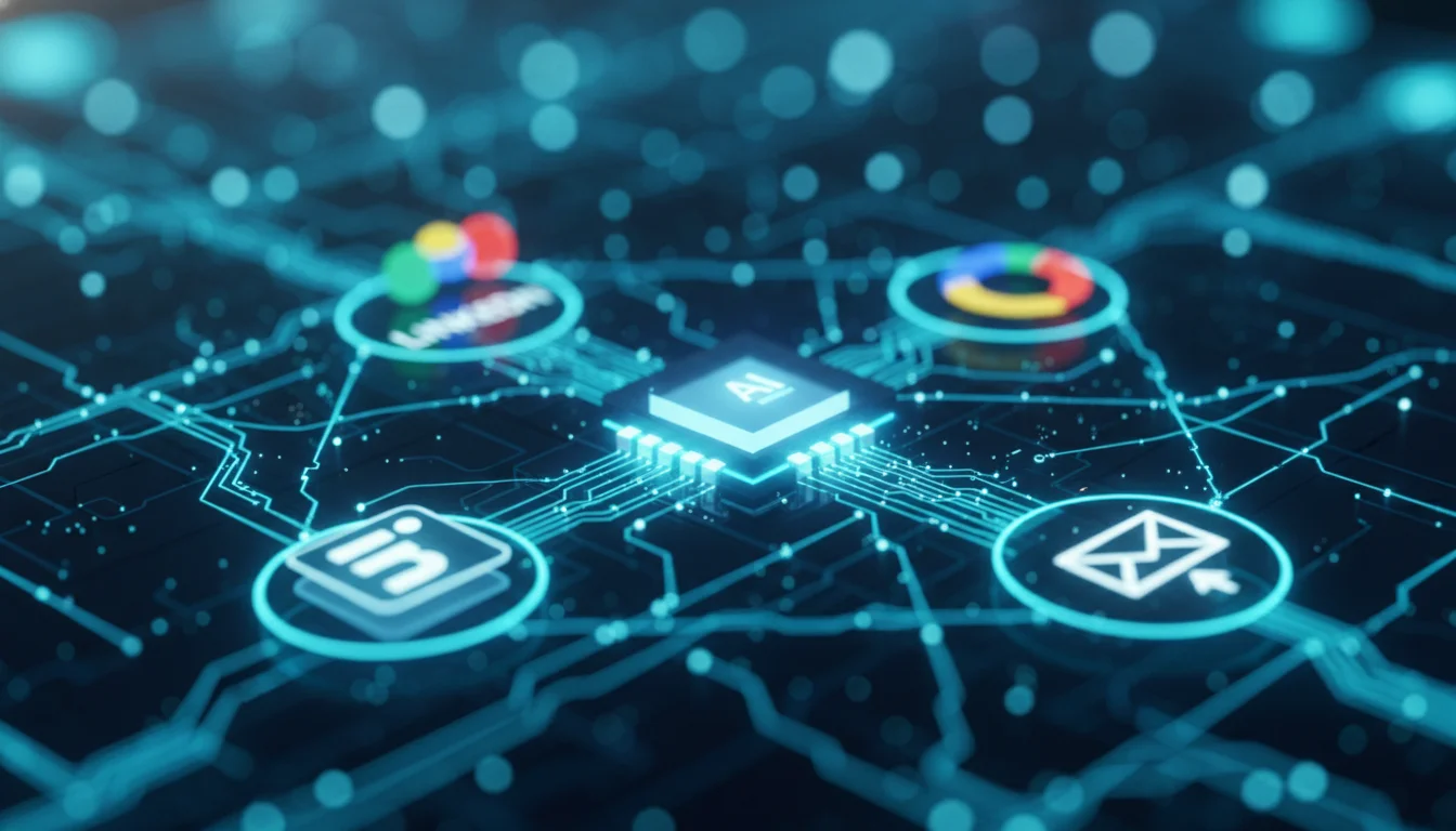 A macro close-up of a digital mesh network where various nodes representing LinkedIn, Google, and Email are connected by glowing light filaments to a central AI processor core. The aesthetic is deep navy and cyan with light bokeh, symbolizing complex digital marketing attribution, ultra-modern tech photography style.