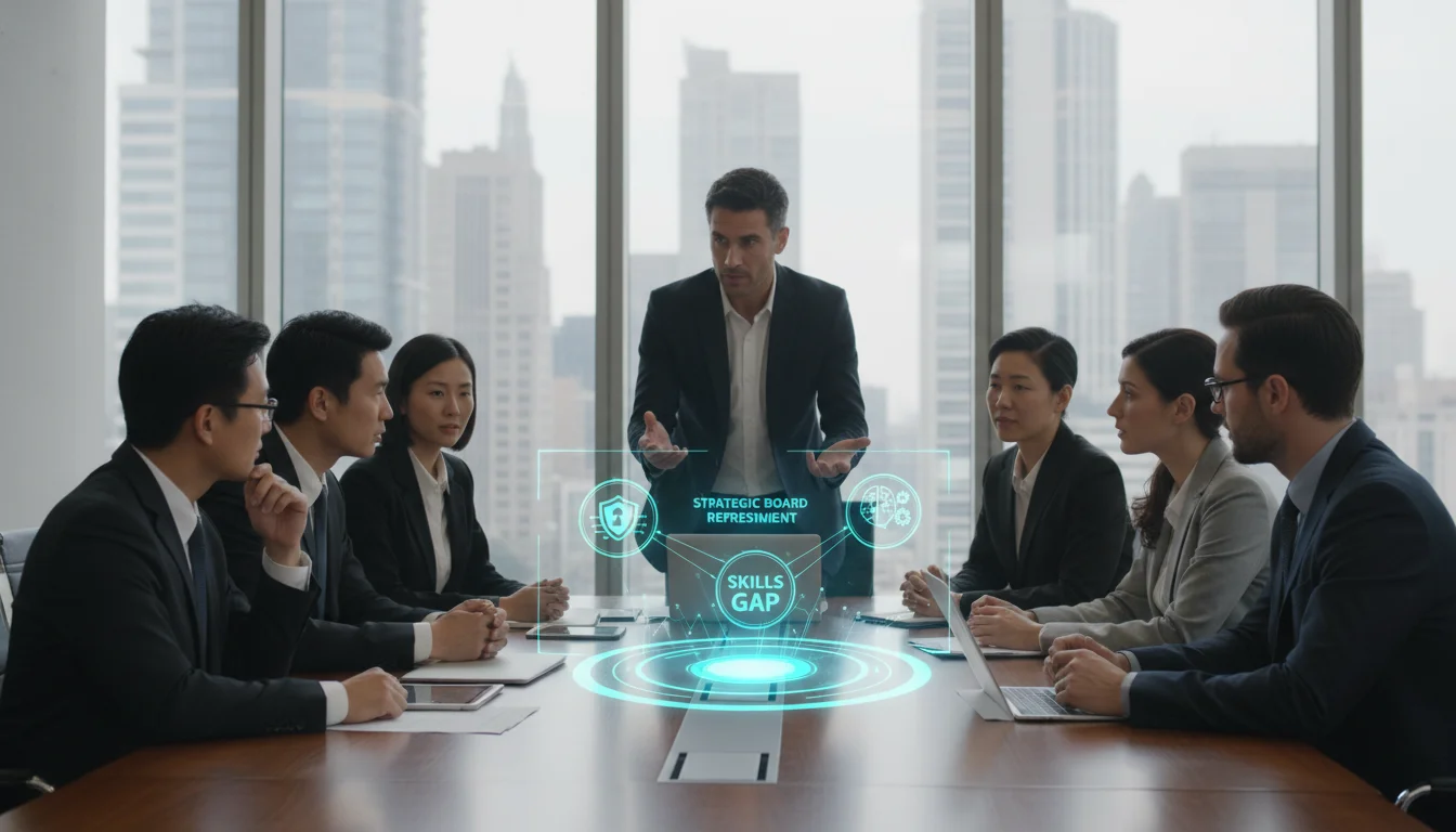 A diverse, professional board of directors sitting in a brightly lit, modern conference room. They are focused on a large central holographic display that visualizes a 'skills gap' matrix, with icons representing cybersecurity, AI ethics, and human capital management. The atmosphere is collaborative, emphasizing strategic board refreshment and modern leadership expertise.