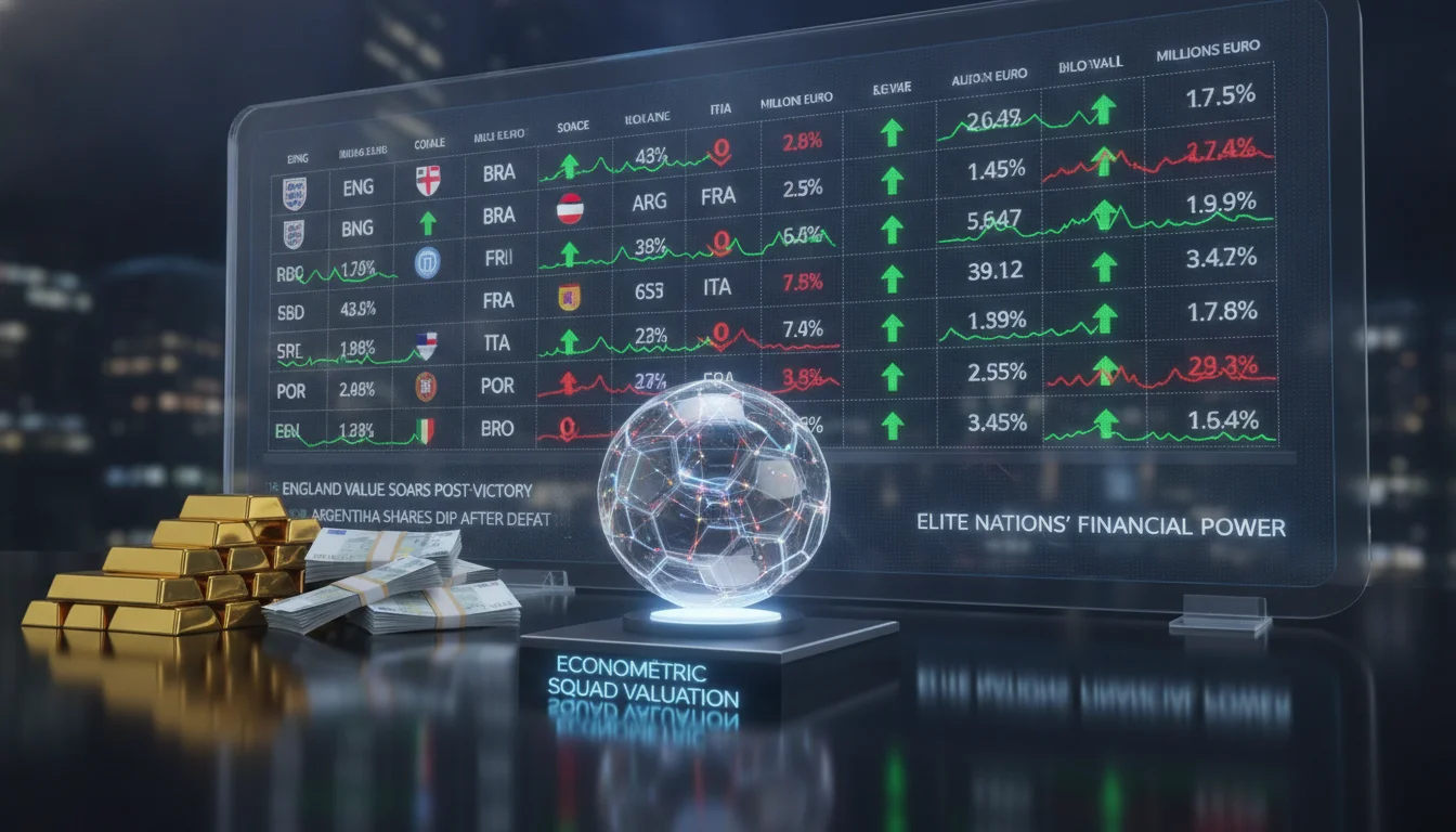 A high-tech digital stock market board displaying FIFA national teams as stock symbols with rising and falling values. Gold bars and stacks of Euro banknotes are visible next to a 3D glass football, symbolizing the econometric squad valuation and the financial power of elite nations, 8k resolution, cinematic studio lighting.