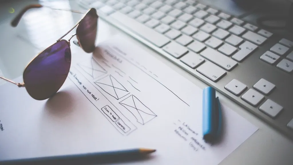 Website wireframe sketches for two page layouts on a desk