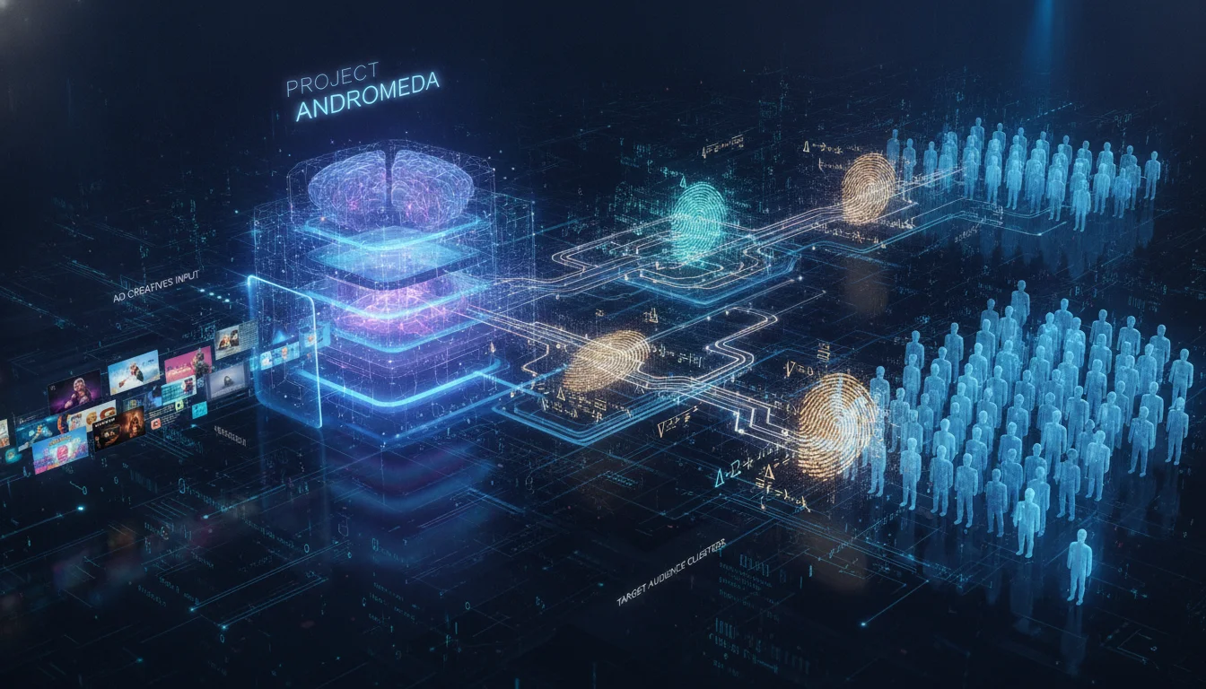 A conceptual digital illustration of a deep neural network 'Project Andromeda' analyzing diverse ad creatives like videos, images, and text, converting them into glowing mathematical fingerprints and matching them to clusters of digital human silhouettes, sleek neon and blue aesthetic.