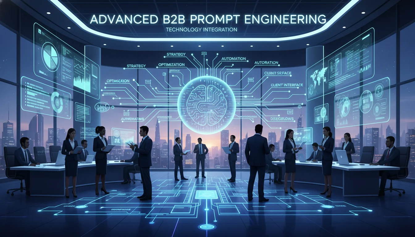 A futuristic, sleek illustration showing abstract data flows and AI elements connecting business professionals in a corporate setting, representing advanced B2B prompt engineering. Emphasize strategy, technology integration, and complex workflows.