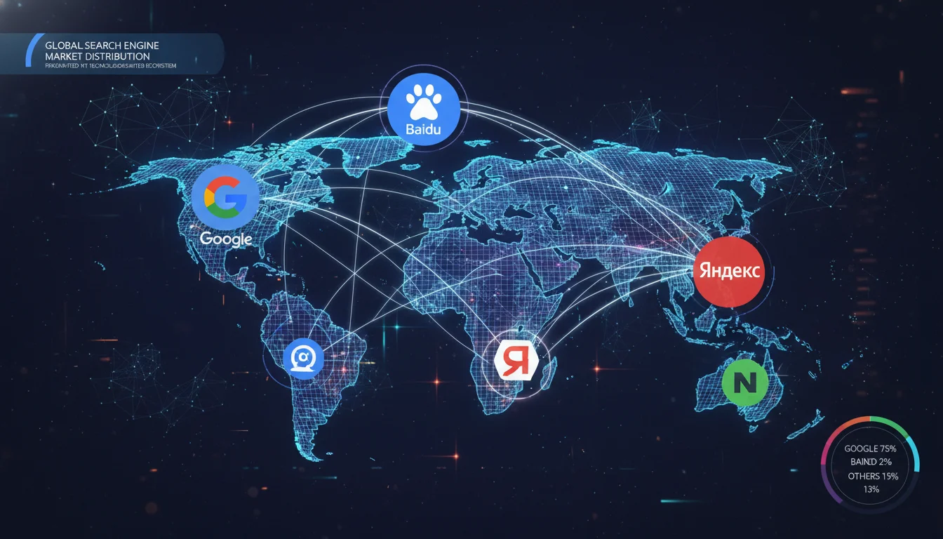 An abstract, futuristic infographic showing global search engine market distribution. Prominently feature logos for Google, Baidu, Yandex, and Naver with lines or data streams connecting them across a stylized world map. Incorporate subtle AI elements like neural networks or glowing data points, reflecting the 'fragmented yet technologically sophisticated search engine ecosystem'.