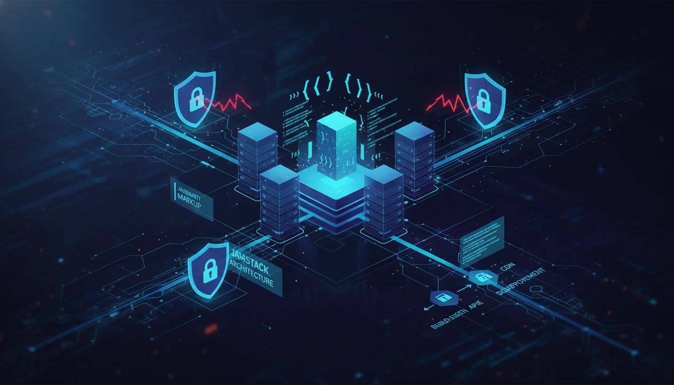 An abstract, high-tech illustration depicting a digital agency's optimized static site workflow. Visualize interconnected elements like code snippets, server racks, security shields, and network lines, symbolizing speed, security, and scalability. Include subtle representations of Jamstack architecture, modern and clean aesthetic.