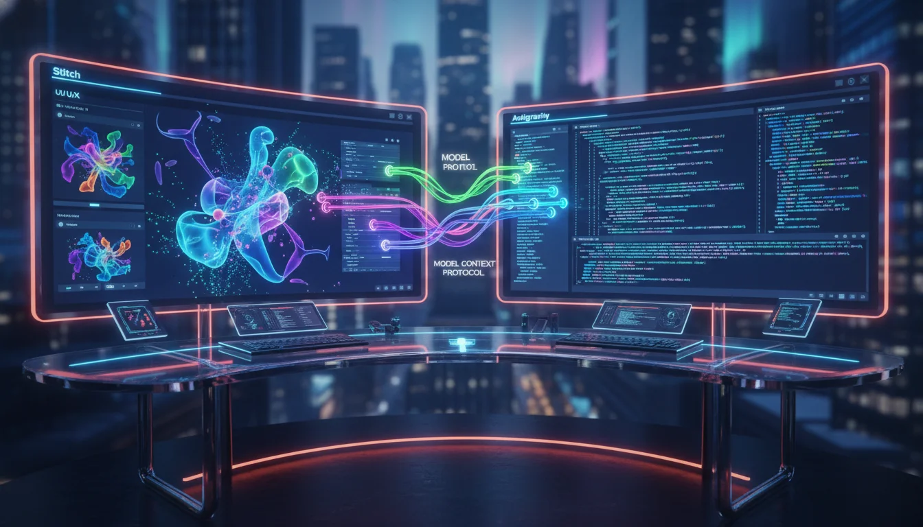 A futuristic 3D workspace showcasing a split-screen interface: on one side, a fluid and organic UI/UX design canvas (Stitch) being shaped by glowing particles; on the other, a high-tech coding IDE (Antigravity) automatically generating lines of code. Vibrant digital streams representing the Model Context Protocol connect both screens in a sleek, cinematic tech aesthetic with deep blues and neon accents.