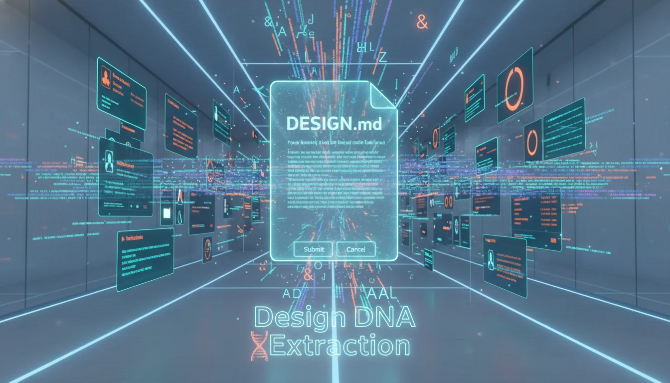 A sophisticated 3D visualization of a 'DESIGN.md' file represented as a glowing holographic document in a clean, minimalist digital laboratory. Streams of vibrant hex codes, typography symbols, and grid lines are emanating from the document, mapping themselves onto floating UI components like buttons and cards. The aesthetic is high-fidelity and futuristic, using a palette of deep teals and neon accents to represent 'Design DNA' extraction.