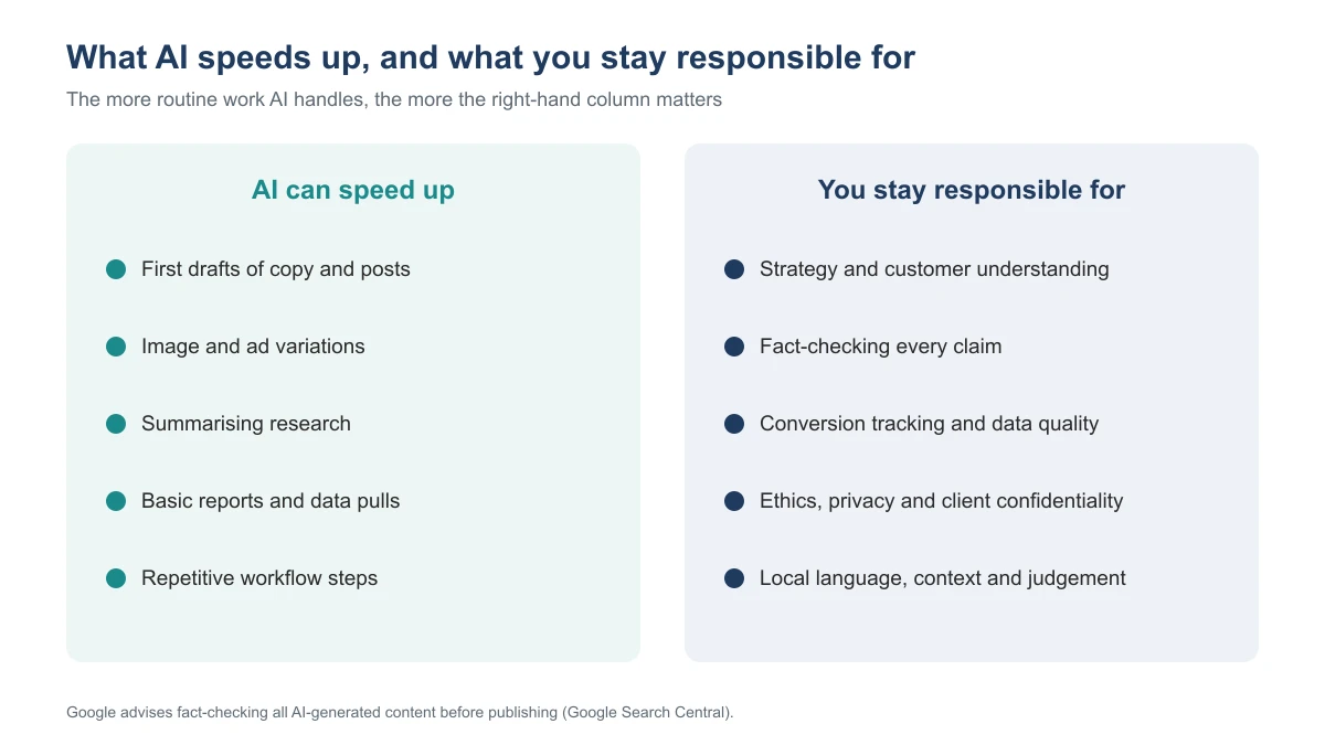 Two-column graphic: AI can speed up first drafts, image and ad variations, research summaries, basic reports and repetitive workflow steps; you stay responsible for strategy, fact-checking, conversion tracking, ethics and privacy, and local language and judgement
