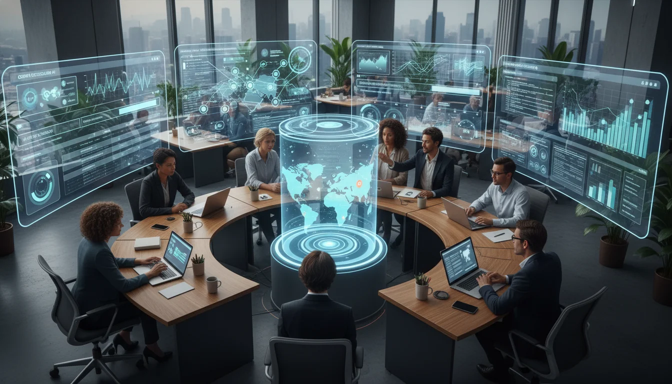 A diverse team of human marketers working in a modern, collaborative office space, overseeing and orchestrating various AI interfaces and automated digital tools that handle repetitive tasks like data analysis, content scheduling, and A/B testing. The scene should convey efficiency, synergy, and human control over advanced technological workflows.