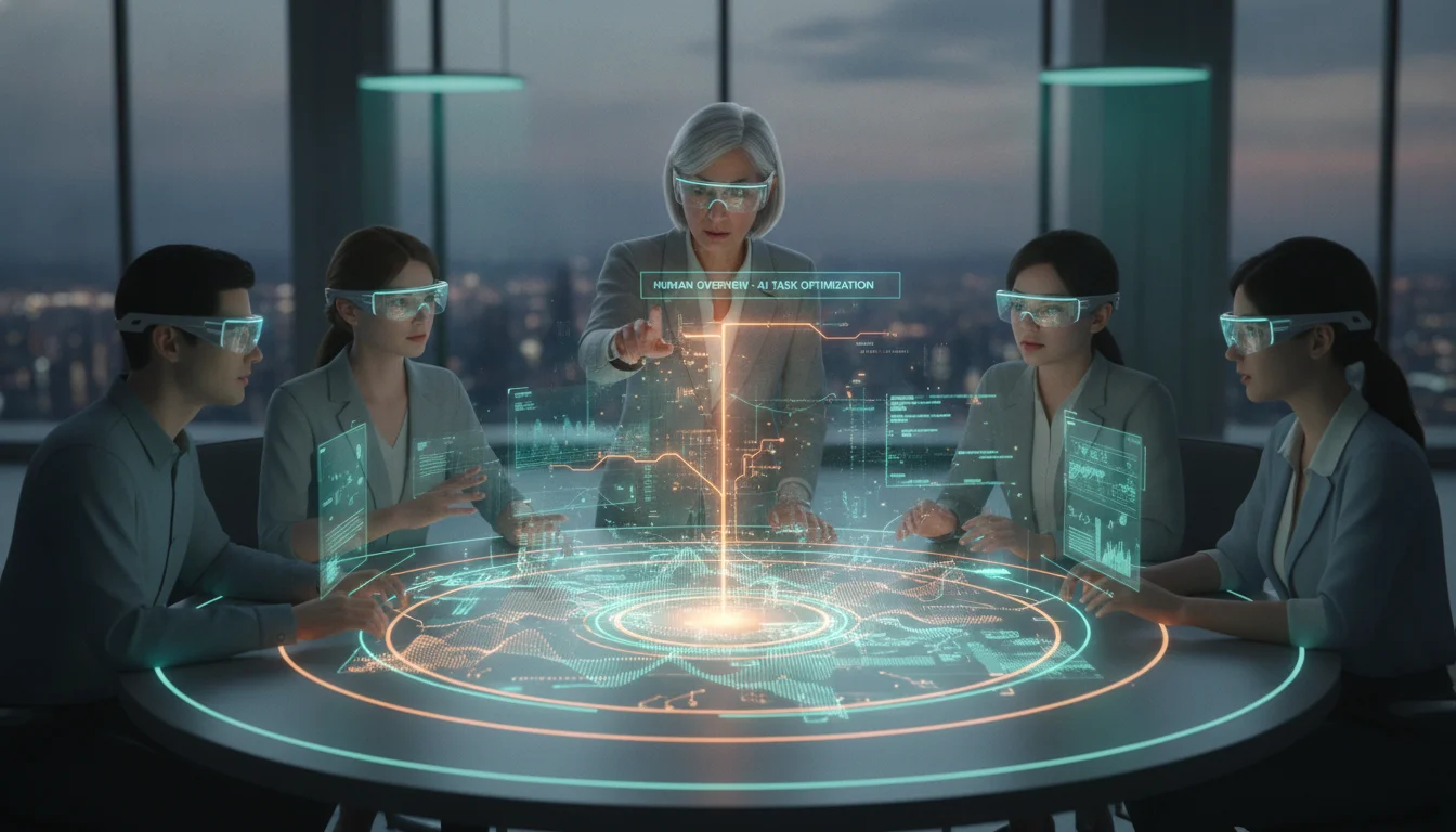 A high-resolution 3D digital illustration of a diverse group of junior office workers wearing futuristic smart-glasses, gathered around a large glowing holographic table that visualizes complex data streams, while a seasoned human mentor points at a specific data node, emphasizing the human oversight of AI tasks, soft teal and amber lighting.