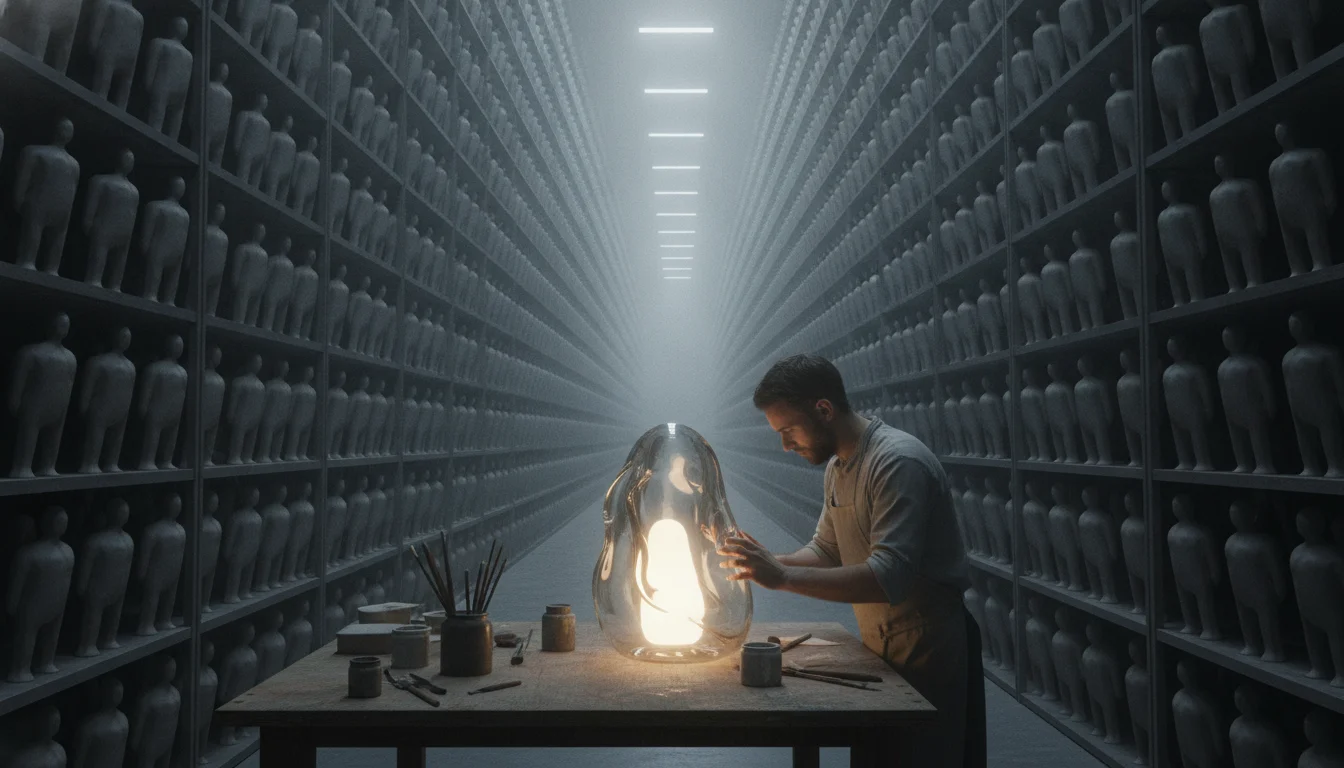 A conceptual and artistic 8k render showing a massive archive of millions of identical, generic grey clay sculptures representing AI outputs, and in the foreground, a single human artist carefully polishing one radiant, translucent glass sculpture that glows with internal light, symbolizing the human premium of creative curation and evaluation.