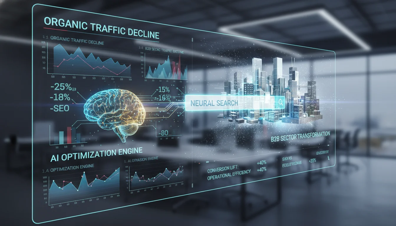 A futuristic digital dashboard showing declining organic traffic charts and a glowing AI brain or search bar impacting a business cityscape. Emphasize data, AI integration, and the B2B sector transformation.