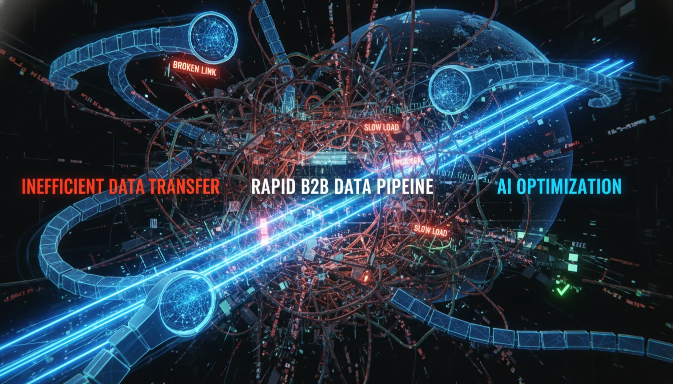 An abstract representation of a complex, struggling website infrastructure (tangled wires, broken links, slow loading indicators) being analyzed or bypassed by sleek, digital AI crawlers. Focus on the contrast between inefficiency and AI's rapid data needs, in a B2B context.