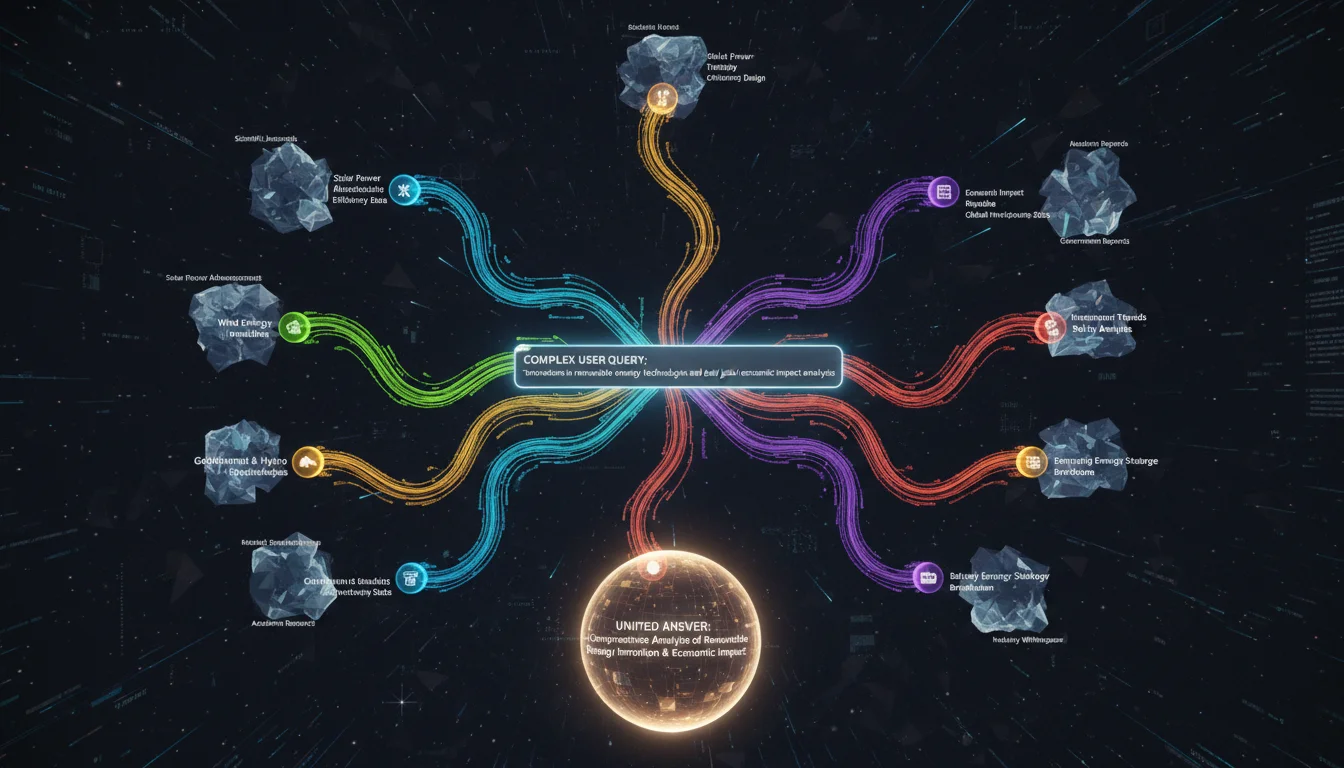 An abstract, futuristic visual representation of a complex user query (text input) fanning out and breaking down into multiple smaller, interconnected semantic sub-queries, each represented by a distinct glowing pathway or data stream. Show these sub-queries simultaneously accessing different external data sources or knowledge nodes, leading to a unified, comprehensive answer being formed. Dynamic, digital, data flow aesthetic, focusing on the 'query fan-out' concept.