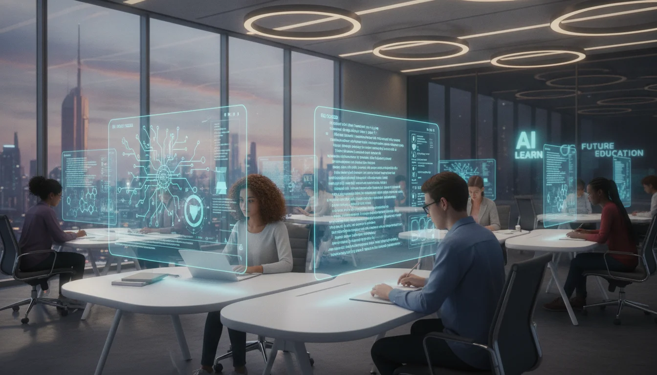 A digital 3D illustration showing a diverse group of students in a modern study hall, with each student having a personalized holographic tutor interface floating above their tablets. The interfaces display complex diagrams, coding snippets, and writing suggestions, representing the core benefits of AI in personalized learning. Bright, collaborative, and academic atmosphere.