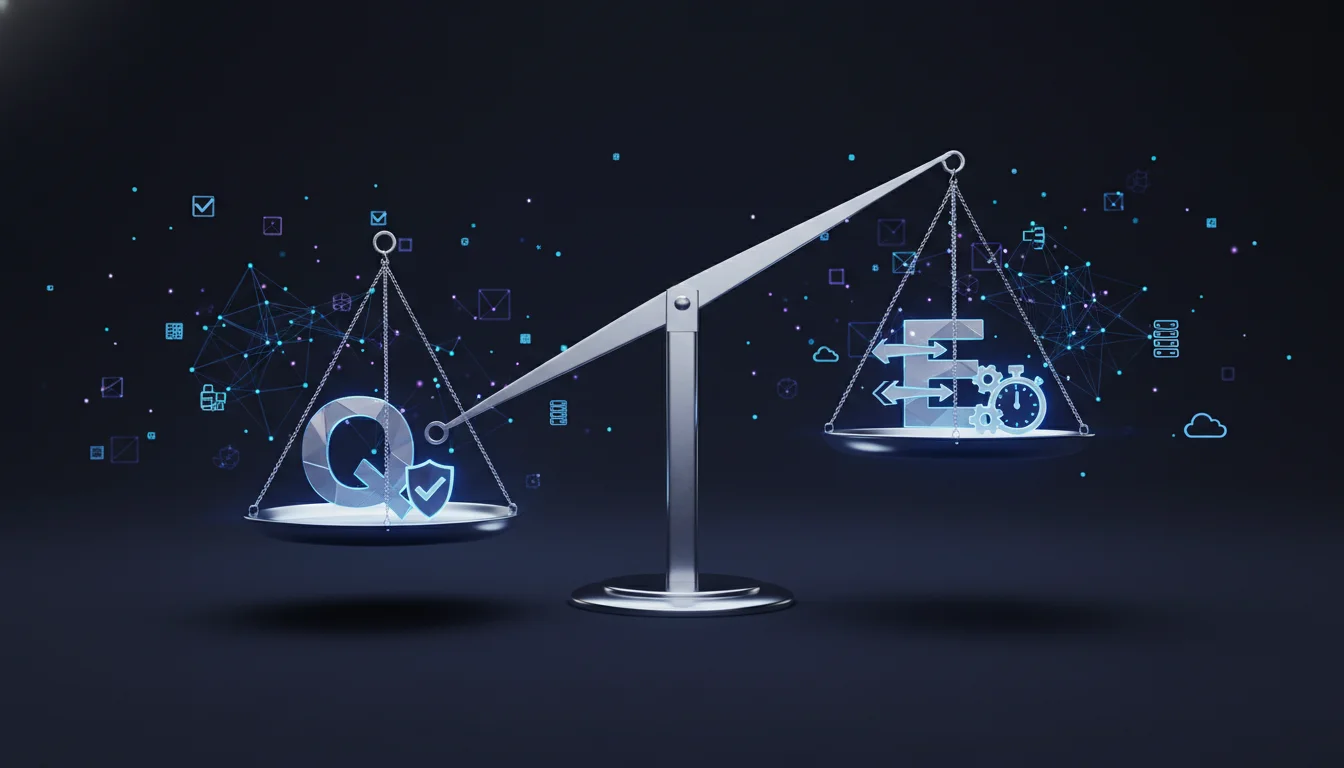 A minimalist high-tech conceptual 3D illustration showing a balanced scale with 'Quality' on one side and 'Efficiency' on the other, surrounded by floating data icons and glowing network nodes, 8k resolution, cinematic lighting, corporate professional aesthetic.