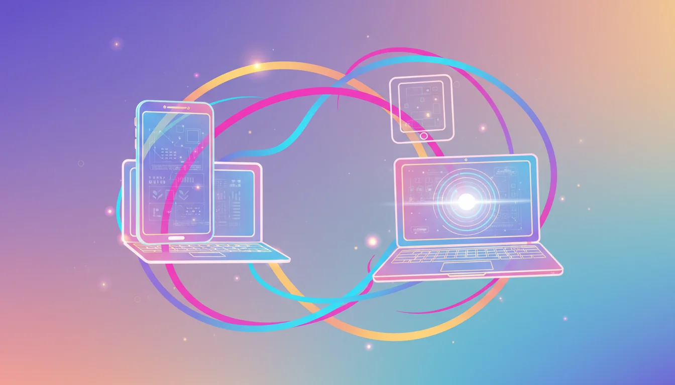 A dynamic, abstract illustration depicting continuous social media engagement. Flowing lines connect various digital devices (smartphone, laptop, tablet), symbolizing always-on content. Subtle algorithmic patterns or a pulsing light indicate constant activity. Bright, modern color palette.