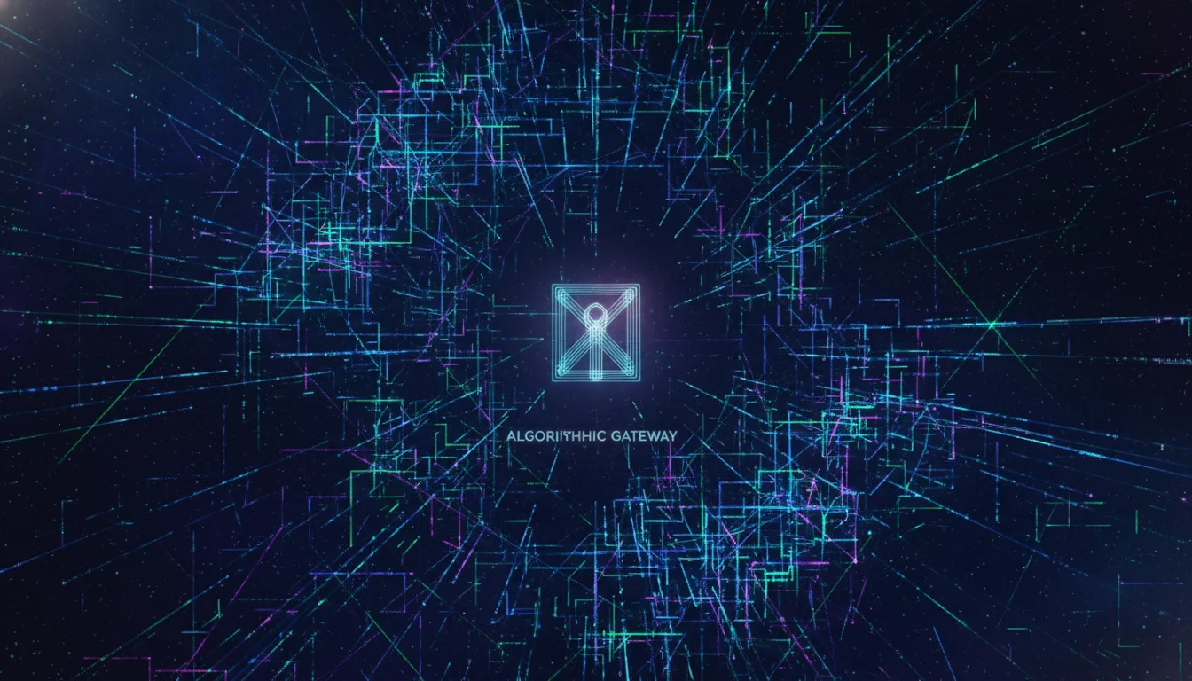 An abstract digital artwork showing a complex web of interconnected data points and algorithms, with glowing lines representing content flow. In the center, a subtle gate or filter symbol, illustrating the algorithmic control over content visibility on social media platforms. Dark background with vibrant blue, purple, and green light trails.