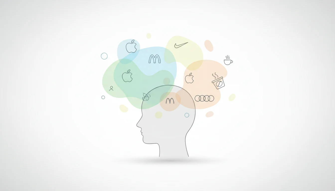 A minimalist illustration depicting a person's head with abstract thought bubbles or memory fragments forming around it. Within these fragments, subtle brand logos or familiar brand elements repeatedly appear, symbolizing the 'mere exposure effect' and top-of-mind awareness. Soft, inviting color palette with a clean background.