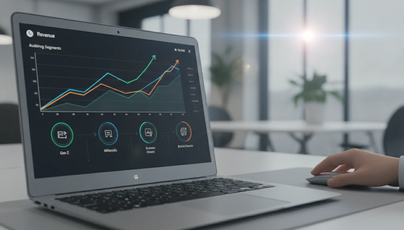 A professional close-up shot of a high-end laptop screen displaying a marketing dashboard with upward-trending growth lines and audience segmentation bubbles. A person's hand is visible in the corner using a mouse. The background is a bright, modern office with soft bokeh, emphasizing digital campaign execution and performance tracking.