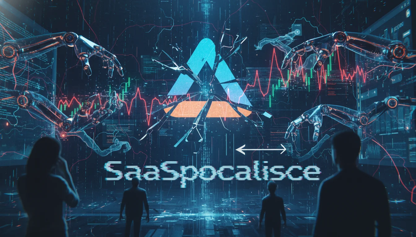A dynamic, slightly dystopian digital landscape featuring a fragmented Atlassian logo, broken financial graph lines, and glowing abstract AI neural networks. Robotic hands or AI agents interact with code and data, while human silhouettes look uncertainly into a future dominated by artificial intelligence. Emphasize market disruption and technological shift, "SaaSpocalypse" theme.