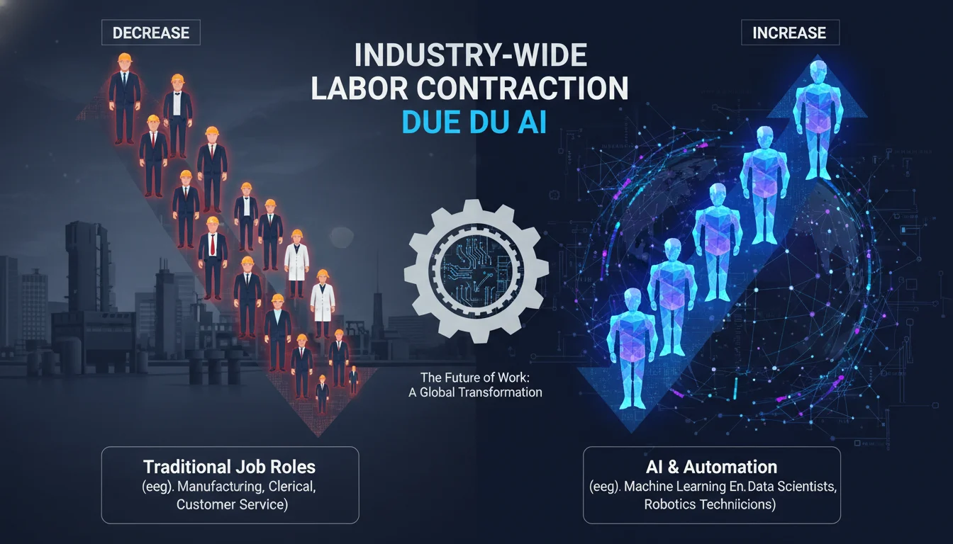 A stylized infographic showing a downward trend of human figures representing job roles, contrasted with an upward trend of glowing, abstract AI robotic figures, set against a global tech industry backdrop. The image should convey significant job displacement and the rise of AI in the workforce, with a focus on 'Industry-Wide Labor Contraction due to AI'.