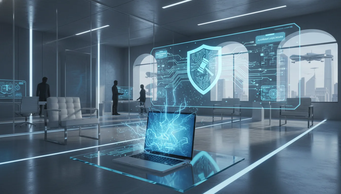 A high-tech, professional digital illustration of a modern law firm interior with glowing blue data streams connecting a laptop to a digital shield icon, representing automated legal intake and security. Cinematic lighting, sleek corporate aesthetic, high-resolution.