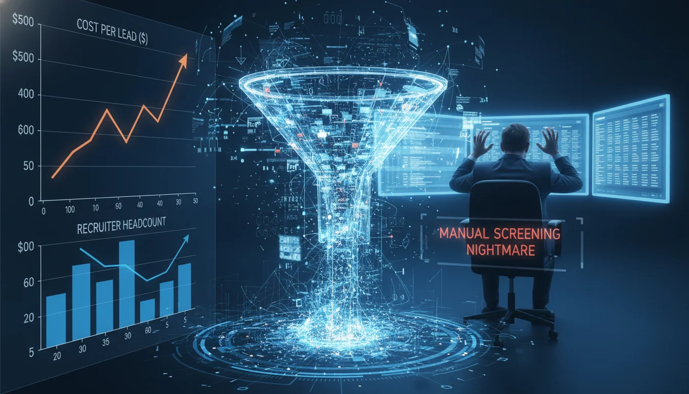 A complex digital dashboard with graphs showing rising cost-per-lead and decreasing recruiter headcount, overlaid with a chaotic funnel overflowing with data. In the background, a frustrated recruiter looks overwhelmed by digital screens, emphasizing the challenge of manual screening.