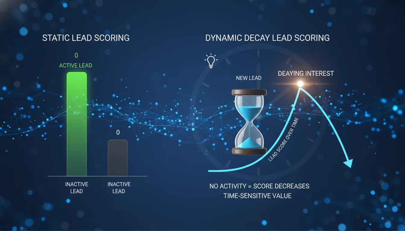 Illustrate the concept of dynamic decay in lead scoring. Show a graph or visual metaphor where a lead's score gradually declines over time if there's no activity, contrasting with a static, binary scoring system. Use elements like a fading light or a sand timer to represent decay, set against a background of interconnected data points, demonstrating the nuances of negative scoring and time-sensitive lead value.