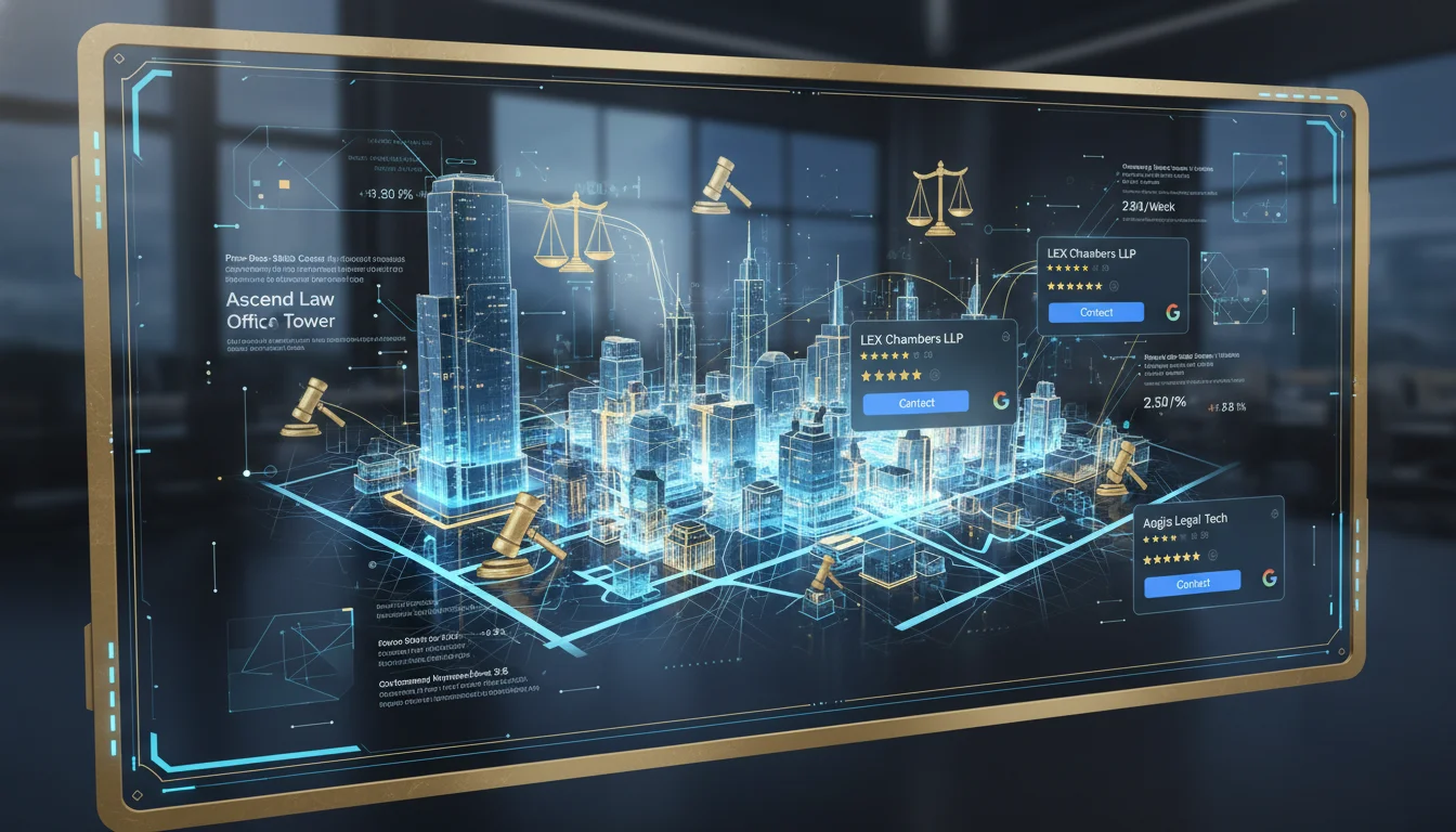 A high-tech digital dashboard displaying a 3D city map with glowing legal icons, stylized Google Business Profiles, and automated data streams connecting a modern law office to the local community, 4k resolution, professional legal aesthetic, blue and gold color palette.