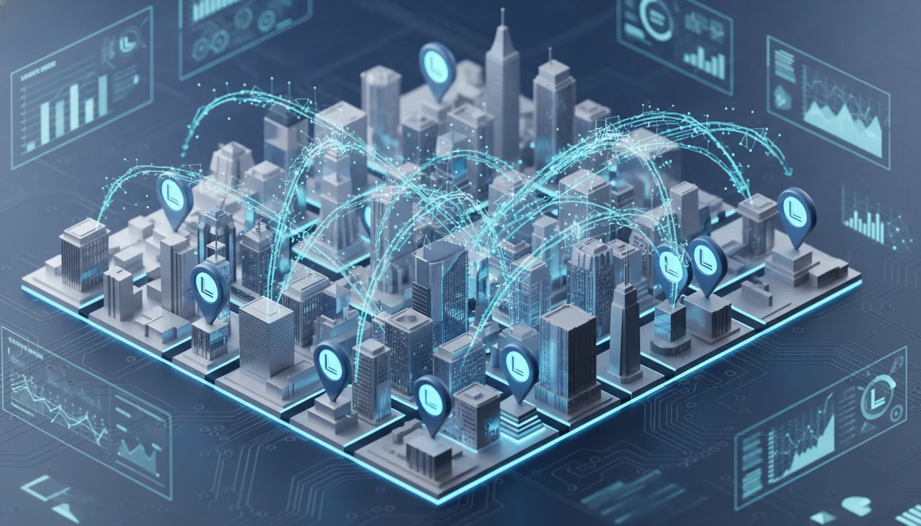An isometric 3D visualization of a metropolitan city map with multiple glowing blue locations pins representing law firm branches. Digital data streams connect the offices, symbolizing multi-location management and local SEO synchronization, professional blue and silver aesthetic, 4k resolution.
