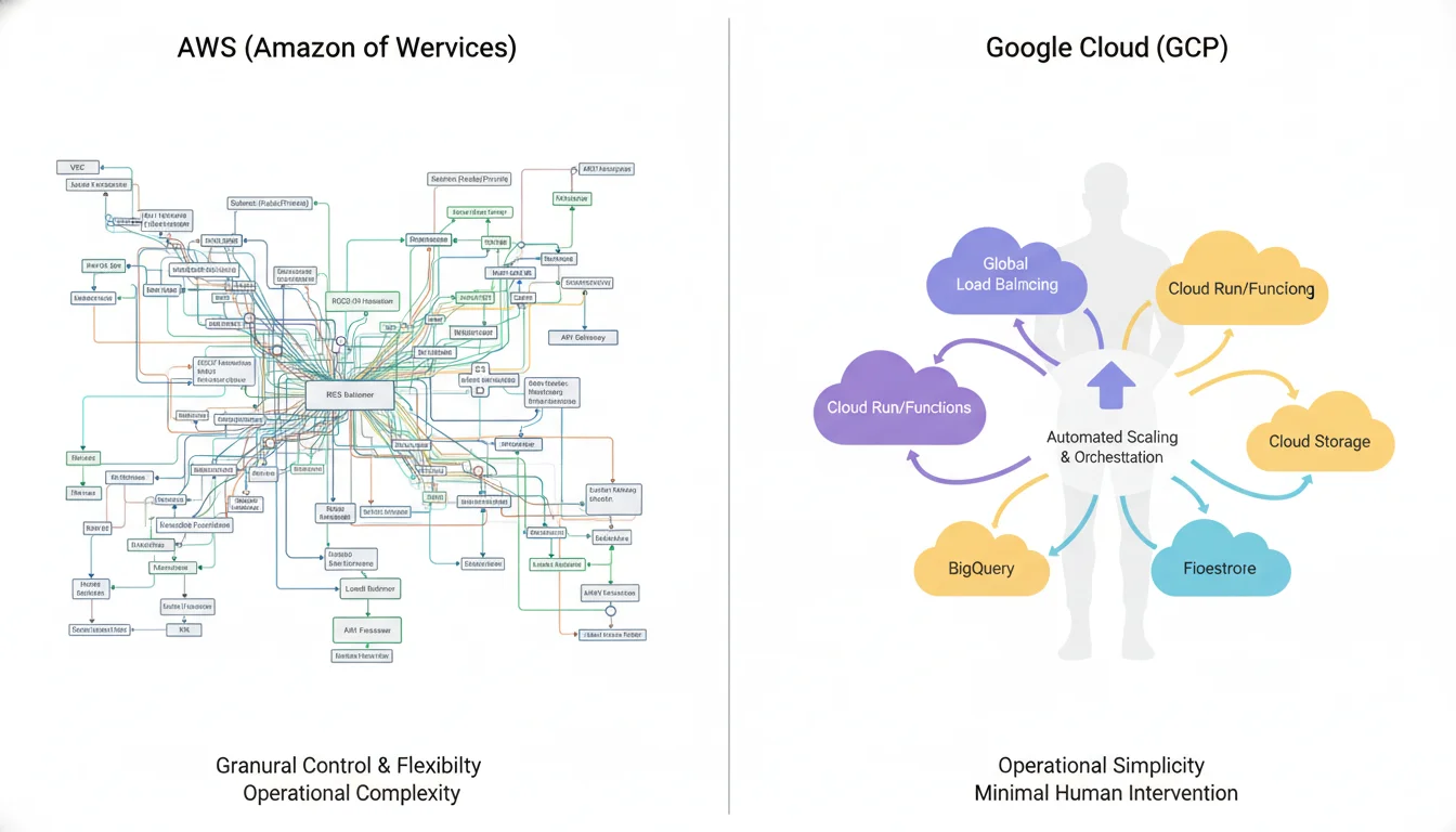 A split image contrasting two cloud architectural philosophies. On one side (representing AWS), a complex, detailed network diagram with many interconnected nodes, labels for VPCs, subnets, IAM, symbolizing granular control but also complexity. On the other side (representing Google Cloud), a simpler, streamlined, more abstract diagram with fewer visible components, emphasizing automated scaling and operational simplicity, with a subtle hint of lower human intervention. Digital, clean, modern style.