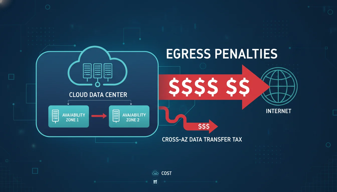 A visual representation of cloud egress costs and intra-cloud data transfer fees. A central cloud icon (like a data center) with an arrow leaving it towards the internet, with dollar signs heavily emphasized on the arrow, depicting 'egress penalties'. Also, within the cloud, two interconnected data center icons (Availability Zones) with a smaller arrow between them, also showing dollar signs, representing 'cross-AZ data transfer tax'. The style should be modern, data-driven, with a focus on cost visualization.