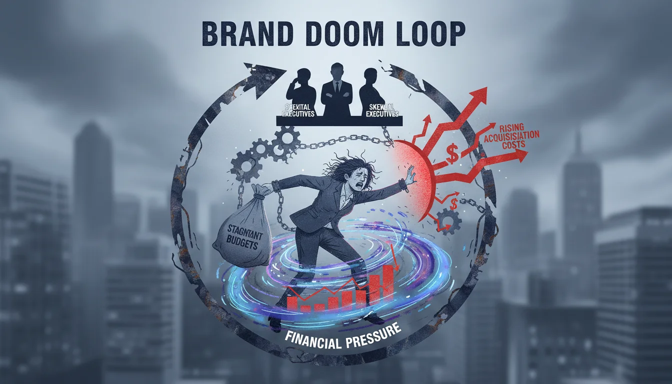 A visual representation of the 'brand doom loop' in B2B marketing, showing a distressed CMO trapped in a cycle of stagnant budgets, rising acquisition costs, and skeptical executives, with abstract elements of data and financial pressure.