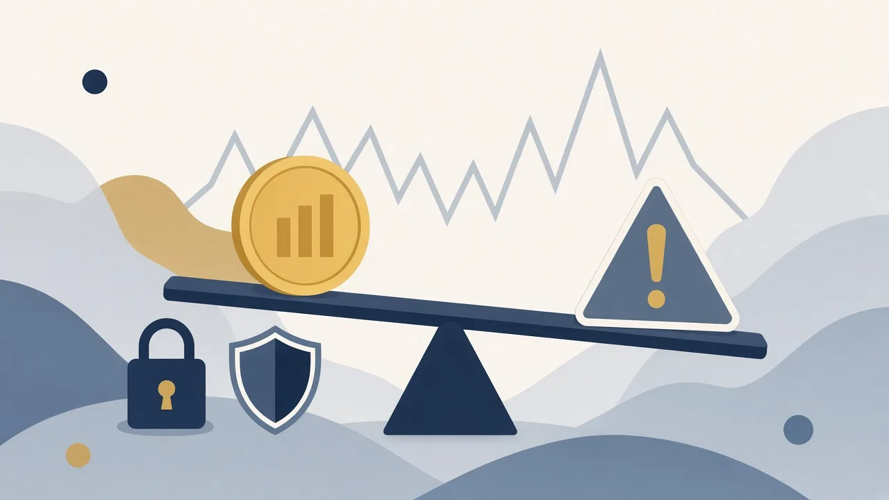 A coin balanced against a warning sign on a seesaw over a volatile price line