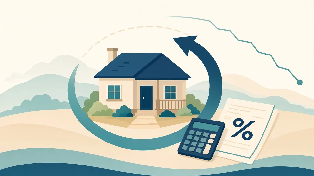 A house circled by a refinance arrow beside a calculator and a rate document