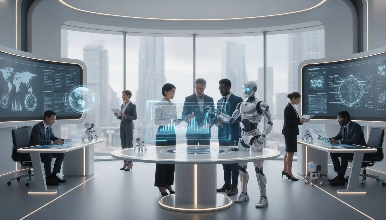 Futuristic office scene showing diverse small business professionals collaborating with holographic robots and AI interfaces, symbolizing efficient automation and technology integration, clean minimalist aesthetic.