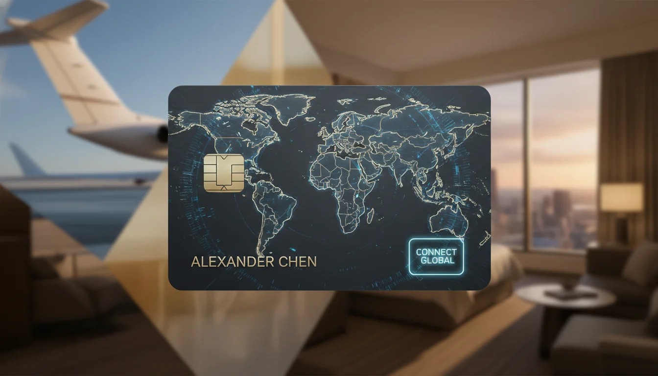 A sleek, modern credit card with a world map overlay, surrounded by blurred images of luxury travel (airplanes, hotel suites, airport lounges). Emphasize digital sophistication and global connectivity.