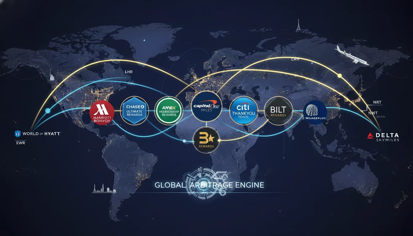 A dynamic visual representing the strategic flow of credit card reward points. Glowing orbs (points) are depicted moving between various credit card logos (Chase Ultimate Rewards, Amex Membership Rewards, Capital One Miles, Citi ThankYou Points, Bilt Rewards) and major airline/hotel loyalty program logos (e.g., World of Hyatt, Star Alliance, United MileagePlus). The background features a subtle, abstract representation of global travel routes and destinations, symbolizing the 'arbitrage engine' of transferable currencies. The image should convey fluidity, strategy, and high value.