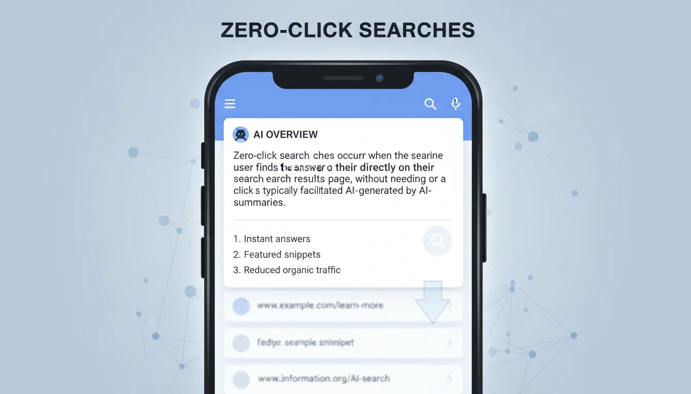 A graphic illustrating the concept of 'zero-click searches' with a large AI Overview box dominating a search results page, minimizing traditional organic links below. Show a smartphone screen with an AI assistant giving a direct answer, overlaid with faint, fading traditional search results.