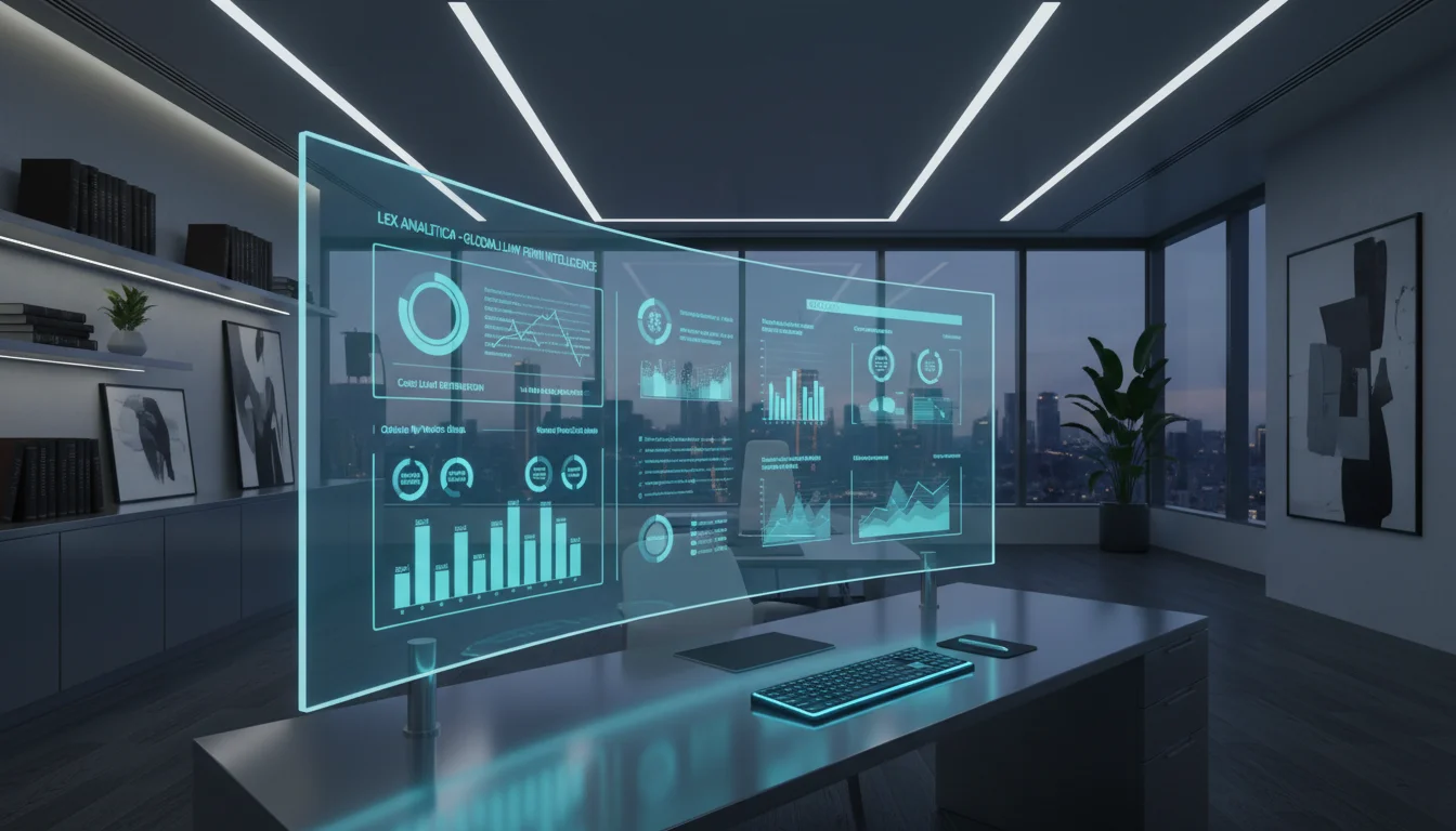 A sleek, modern office setting showing a high-tech dashboard on a glass computer screen displaying legal practice management analytics, glowing blue and teal accents, professional law firm aesthetic, 8k resolution, minimalist design.