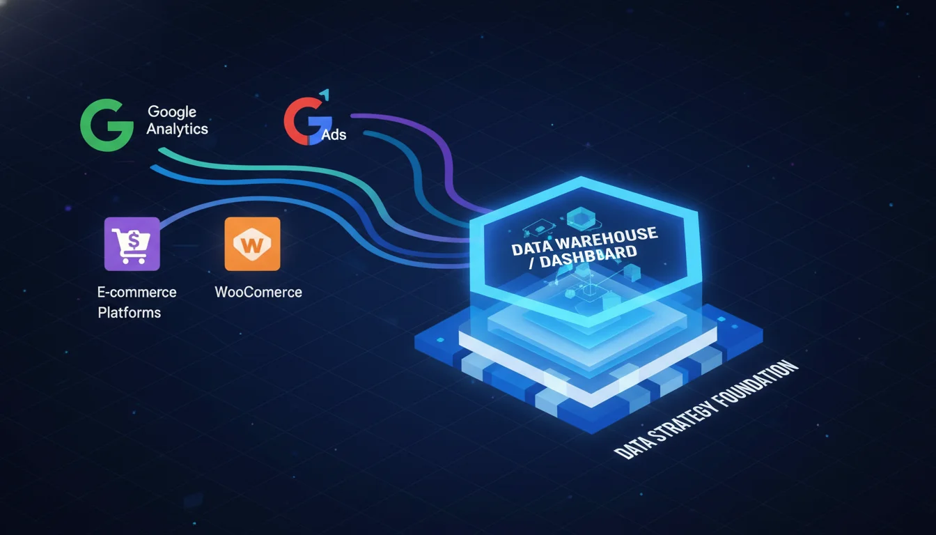 An abstract visualization of a data architecture blueprint, illustrating interconnected icons representing various data sources like Google Analytics, Google Ads, and e-commerce platforms (Shopify, WooCommerce), with lines flowing into a central data warehouse or dashboard concept. The image should convey organization, integration, and the foundation of a data strategy.