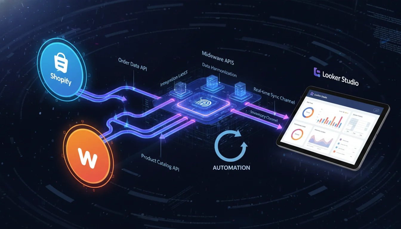 A visual representation of data flow from e-commerce platforms (like Shopify and WooCommerce logos) through middleware APIs, depicted as a series of interconnected digital pipes or channels, leading to a Looker Studio dashboard interface on a tablet. Emphasize automation and real-time data synchronization.