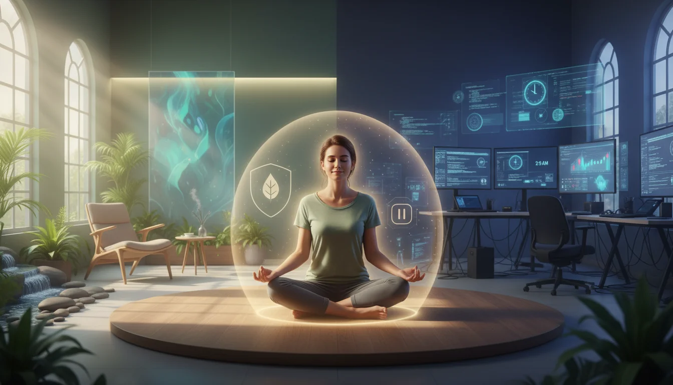 A serene person finding balance and calm amidst a stylized, subtly chaotic modern work environment. One side shows gentle light and natural elements, symbolizing recovery, while the other hints at the digital demands, representing burnout prevention. Focus on peaceful resolution and well-being.