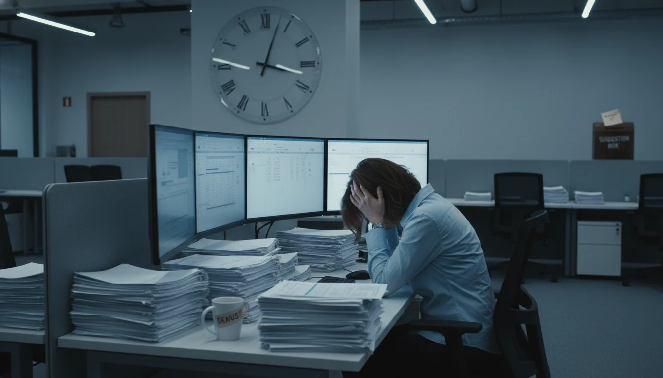 A person feeling overwhelmed in a modern office, surrounded by stacks of papers, multiple glowing screens, and a clock ticking rapidly. Emphasize visual elements of low institutional support, lack of autonomy, and unfair compensation through subtle imagery, perhaps a disconnected team or a person feeling unheard. Use a slightly muted, desaturated color palette to convey the stress.
