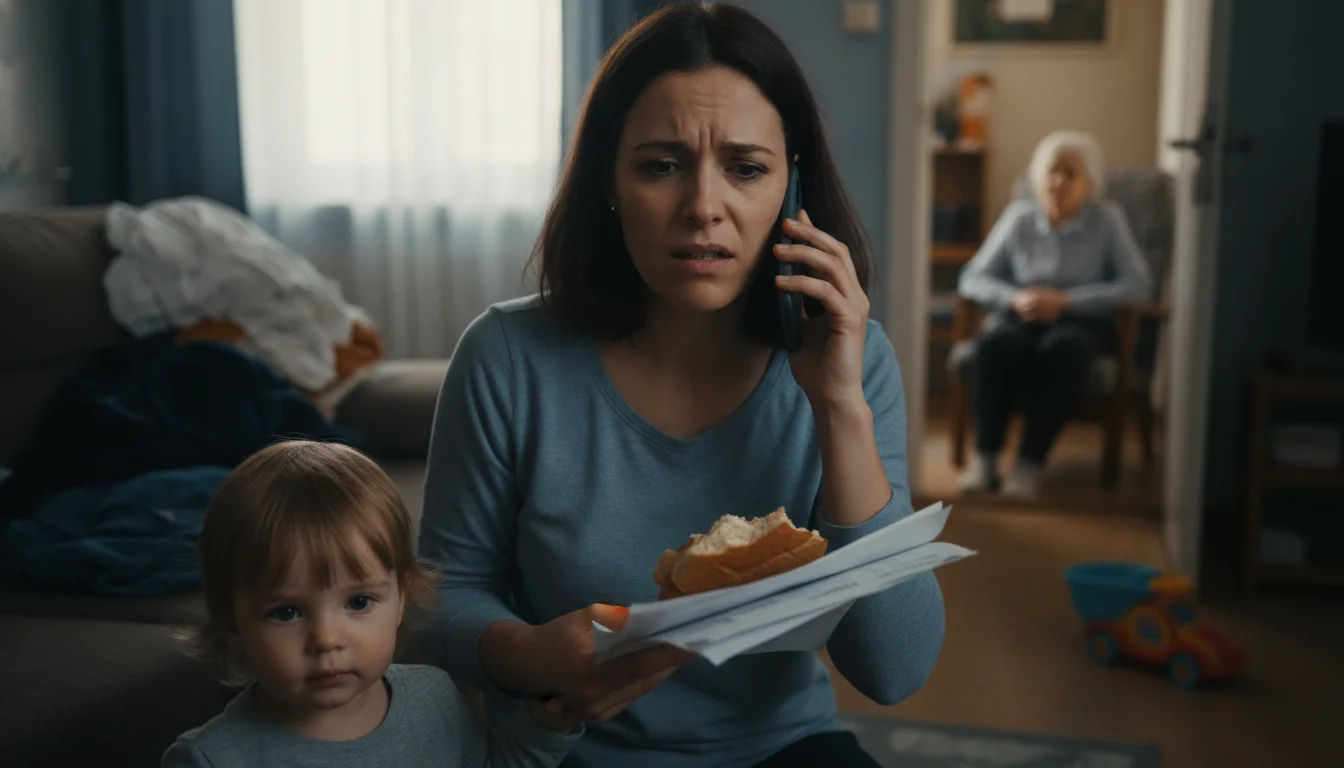 A person looking exhausted, juggling multiple responsibilities, perhaps holding a child's hand while on the phone, with a subtle background hint of an elderly relative. Show emotional demands, lack of privacy, and conflicting roles. Soft, somber lighting, emphasizing the emotional weight and chronic strain.