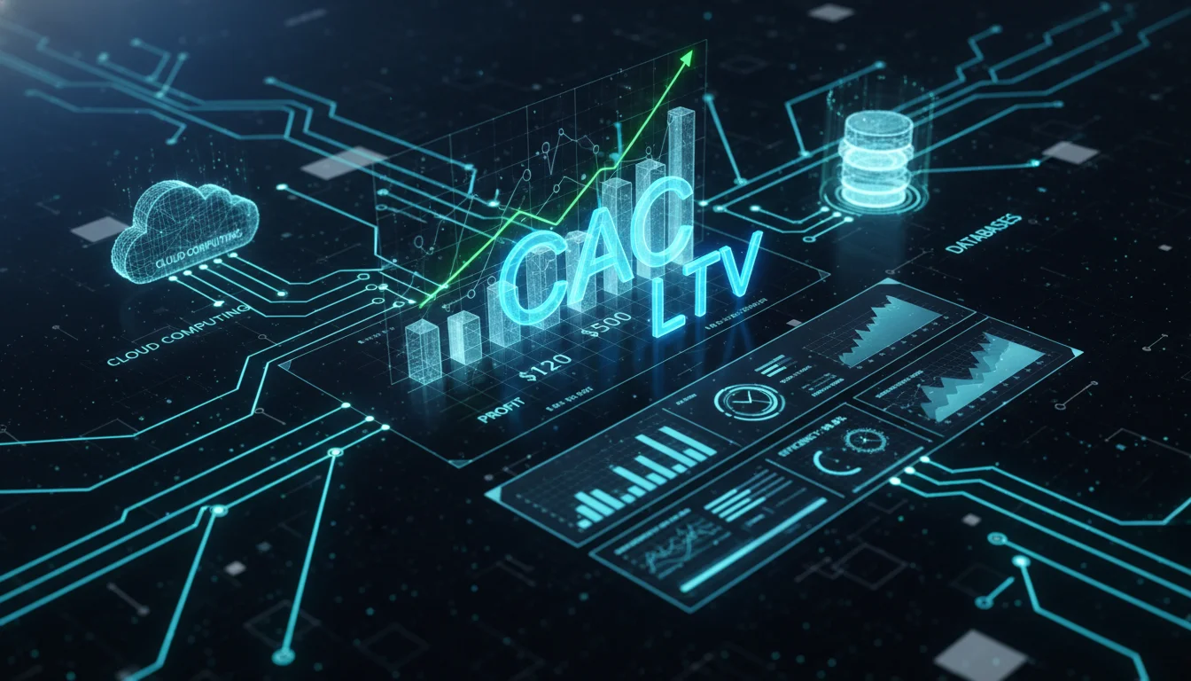 Abstract visualization of data flowing and connecting, with financial graphs and metrics like 'CAC' and 'LTV' prominently displayed. Incorporate elements of cloud computing, databases, and a modern analytical dashboard, set against a dark, tech-inspired background with glowing blue and green lines representing data streams. Emphasize precision and efficiency.
