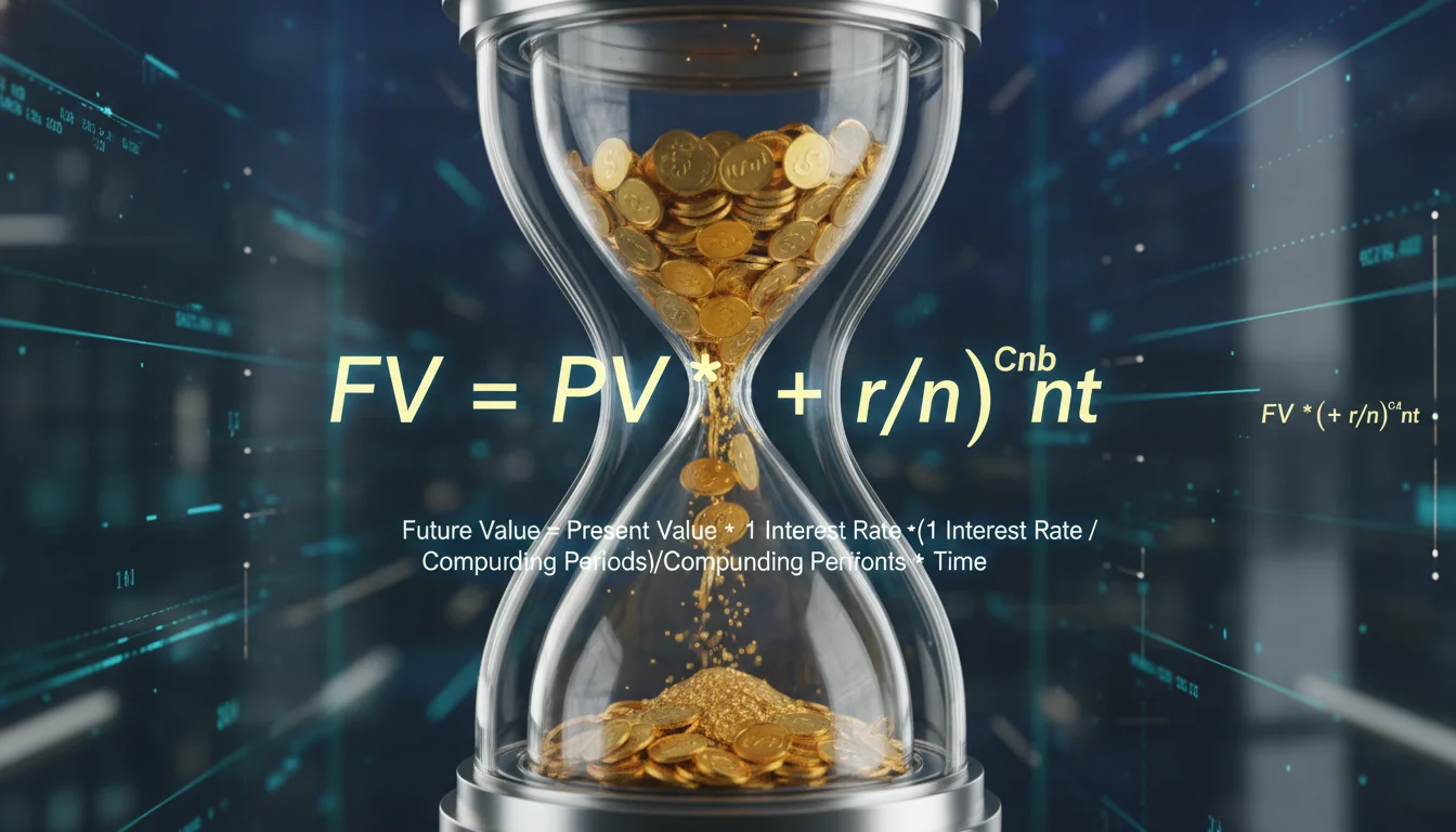 A conceptual 3D visualization of the 'Time Value of Money' showing a transparent glass hourglass filled with gold coins instead of sand, with a glowing mathematical formula overlaying the scene, professional financial aesthetic.